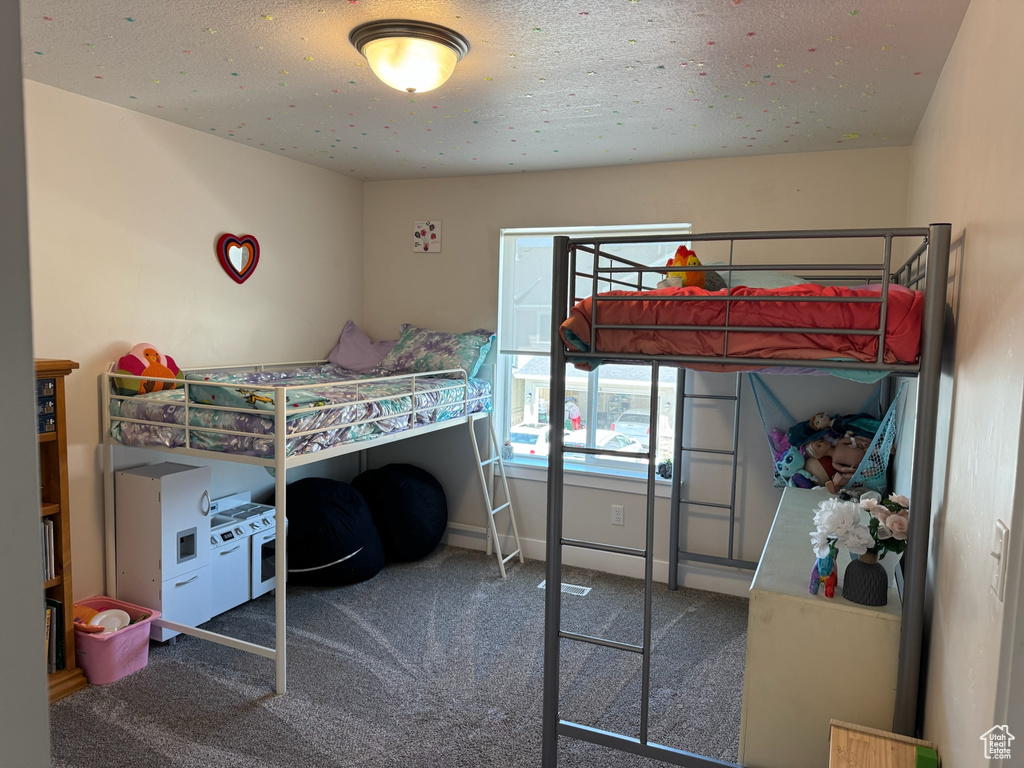 Carpeted bedroom with a textured ceiling