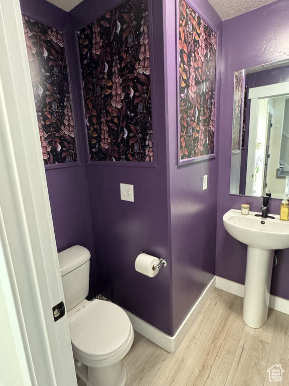 Bathroom featuring wood finished floors and a textured ceiling