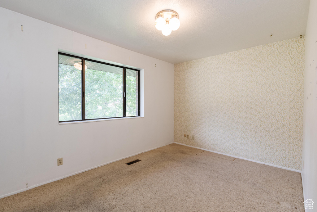 Carpeted empty room featuring wallpapered walls and baseboards