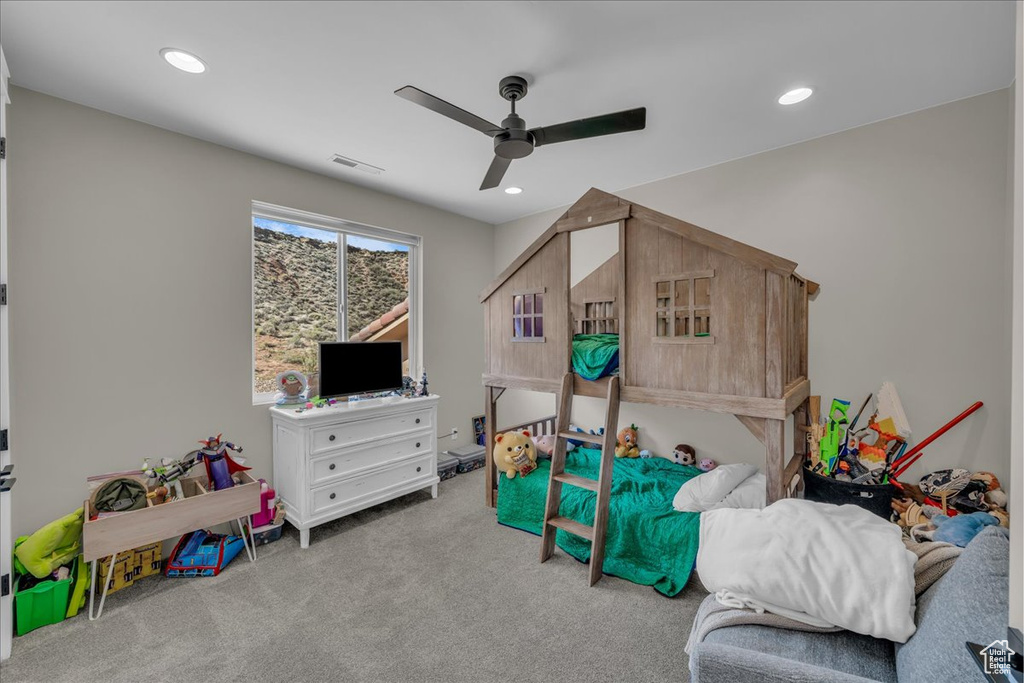 Playroom with a ceiling fan, carpet, and recessed lighting