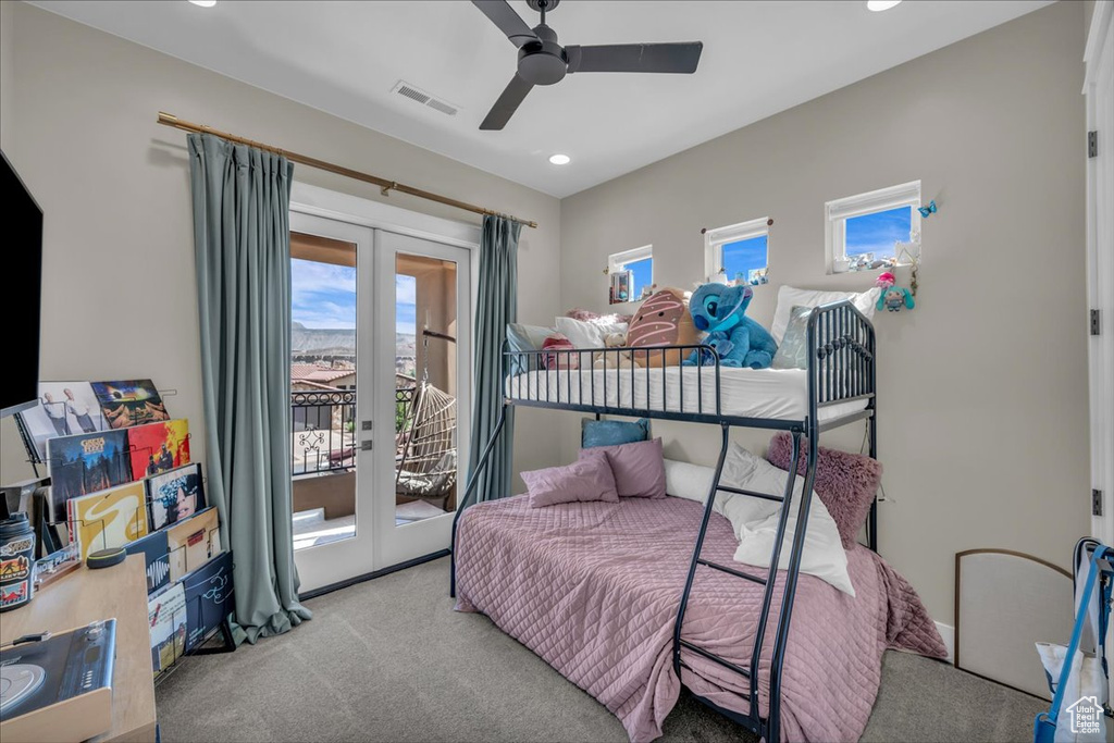 Carpeted bedroom with french doors, access to outside, recessed lighting, and ceiling fan