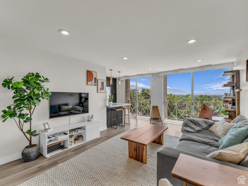 Living area featuring wood finished floors and recessed lighting