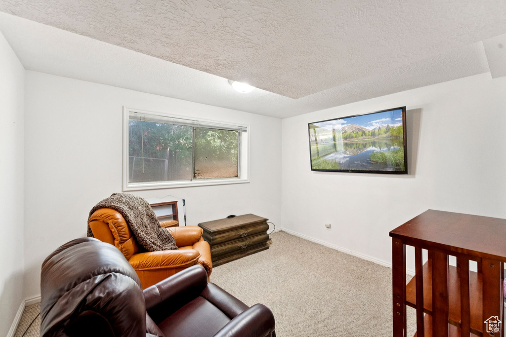 Bedroom with carpet floors and a textured ceiling