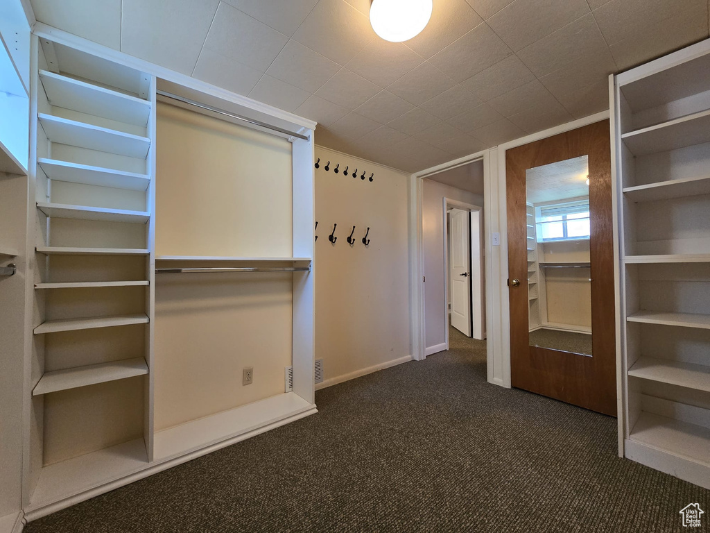 Interior space with dark colored carpet and baseboards