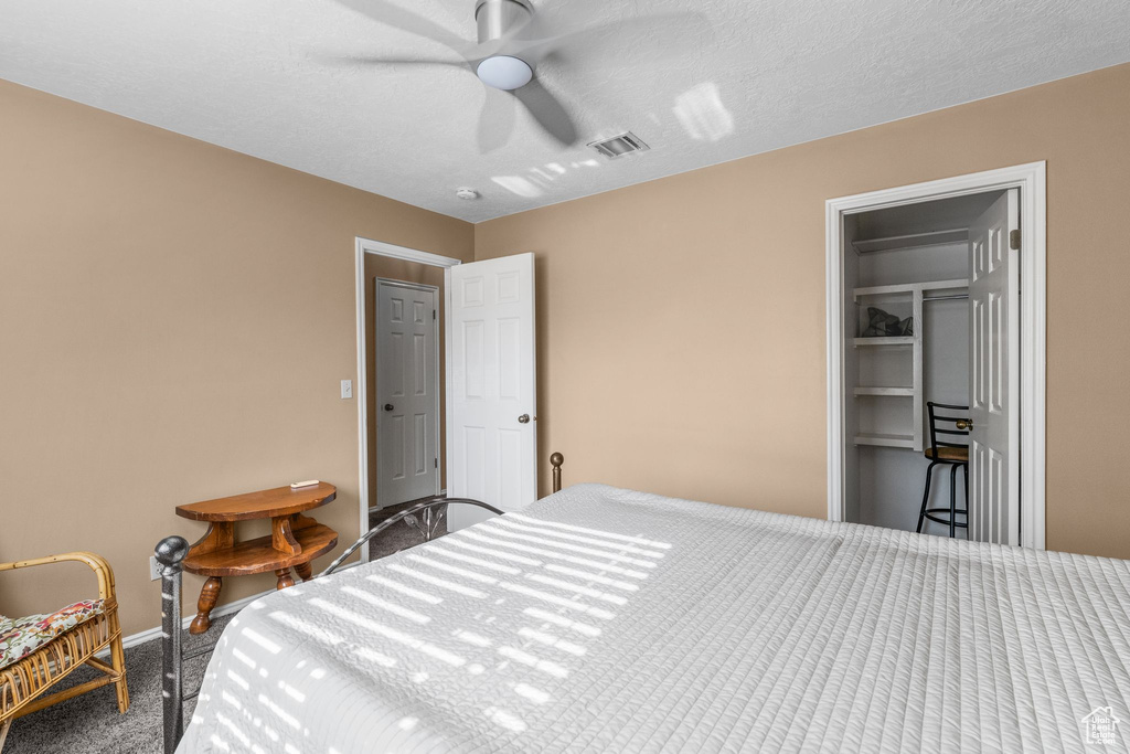 Carpeted bedroom with a closet and a ceiling fan