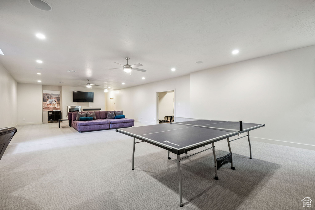 Playroom with light colored carpet, recessed lighting, and ceiling fan