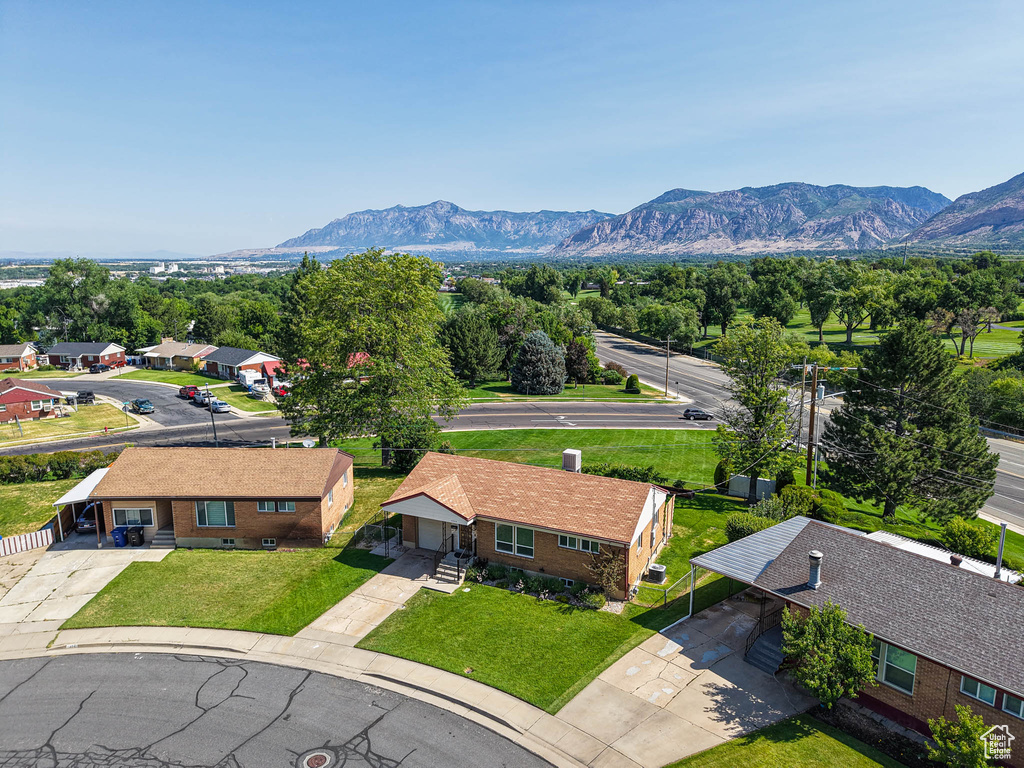 View from above of property with a mountainous background