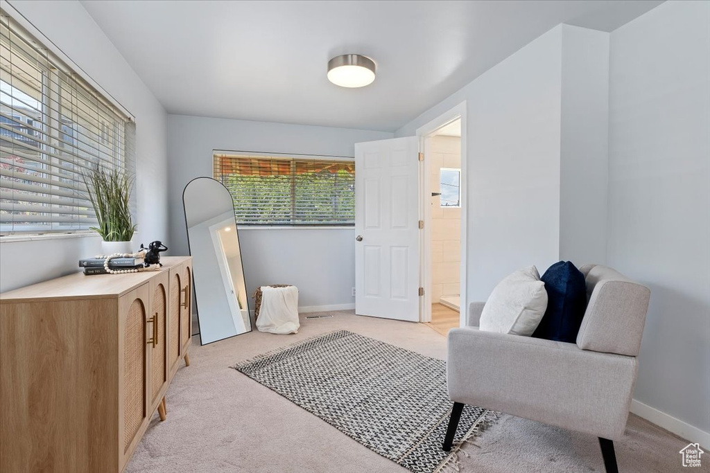 Living area with light colored carpet and baseboards