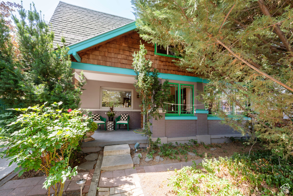 Rear view of house with covered porch and a shingled roof