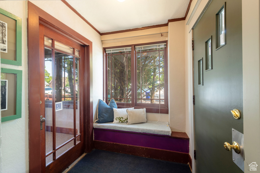 Sitting room featuring plenty of natural light, crown molding, and dark colored carpet