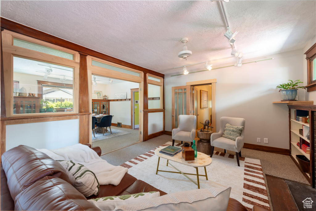Living area with track lighting and a textured ceiling