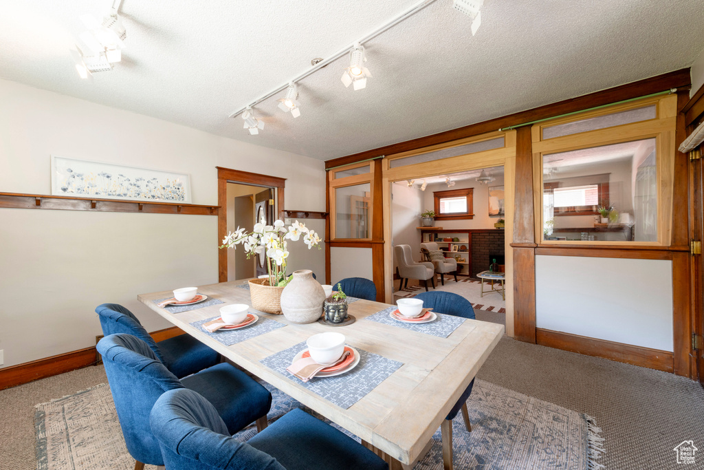 Carpeted dining space featuring track lighting