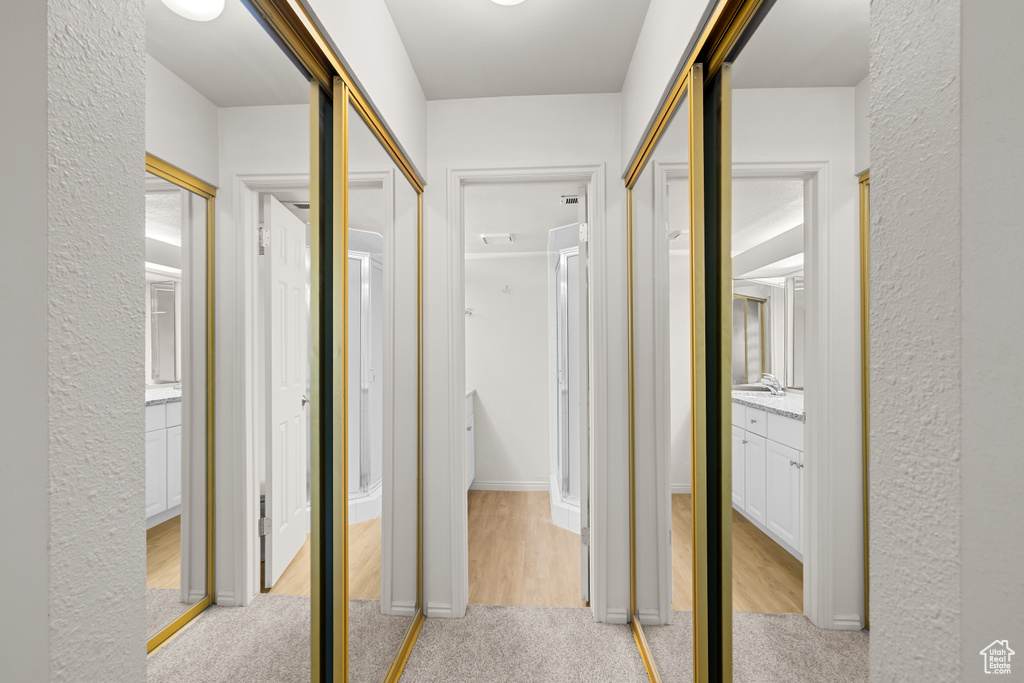 Corridor with light colored carpet and a textured wall