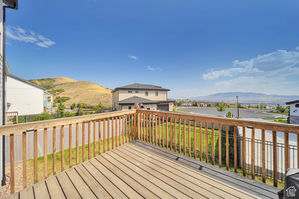 Deck featuring a mountain view and a fenced backyard