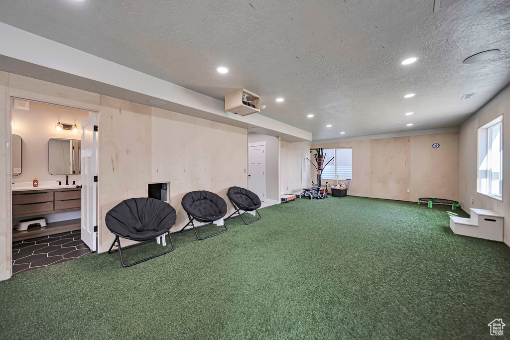 Basement featuring recessed lighting, a textured ceiling, plenty of natural light, and carpet flooring