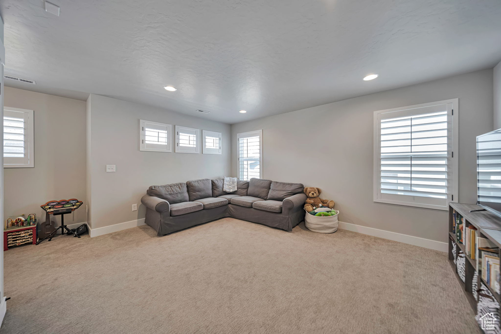 Carpeted living area with baseboards and recessed lighting