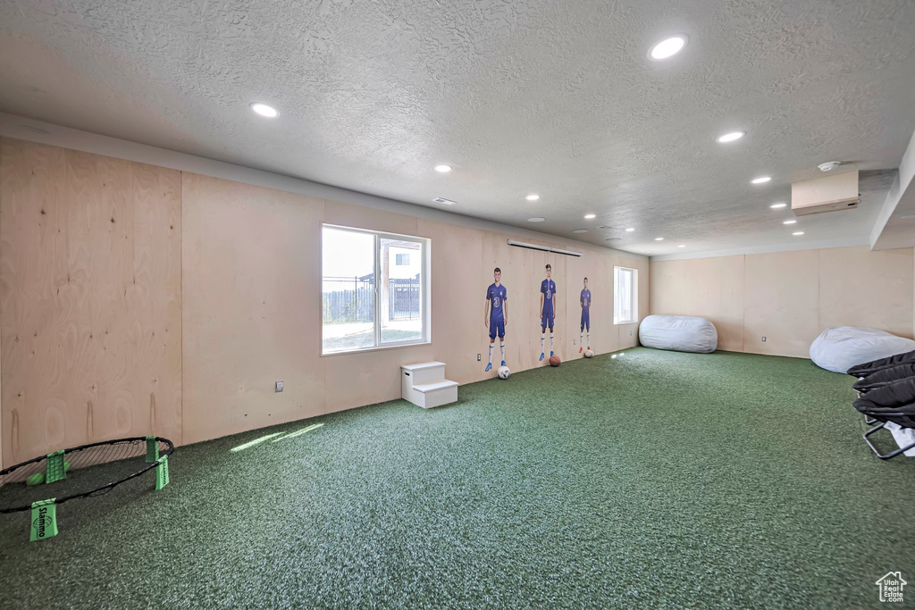 Basement with carpet floors, recessed lighting, healthy amount of natural light, and a textured ceiling