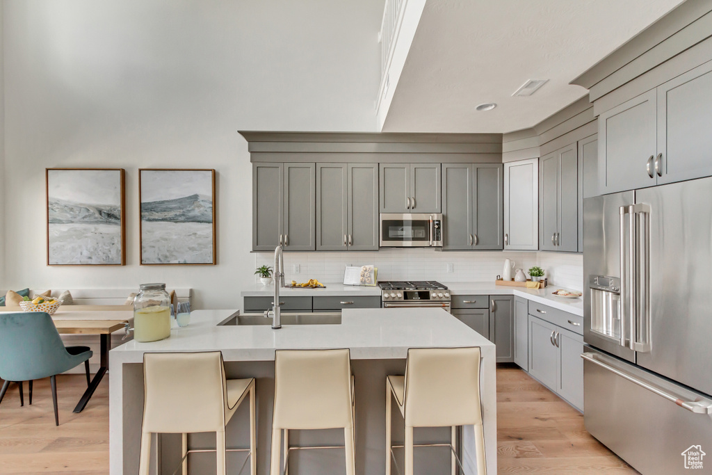 Kitchen with stainless steel appliances, gray cabinets, backsplash, a kitchen breakfast bar, and light countertops