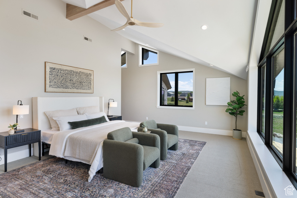 Carpeted bedroom featuring beamed ceiling, high vaulted ceiling, recessed lighting, and a ceiling fan