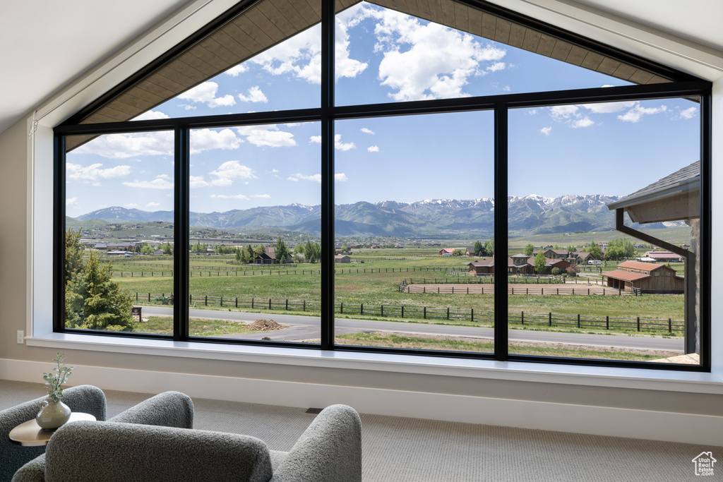 Detailed view of a view of rural / pastoral area and mountains