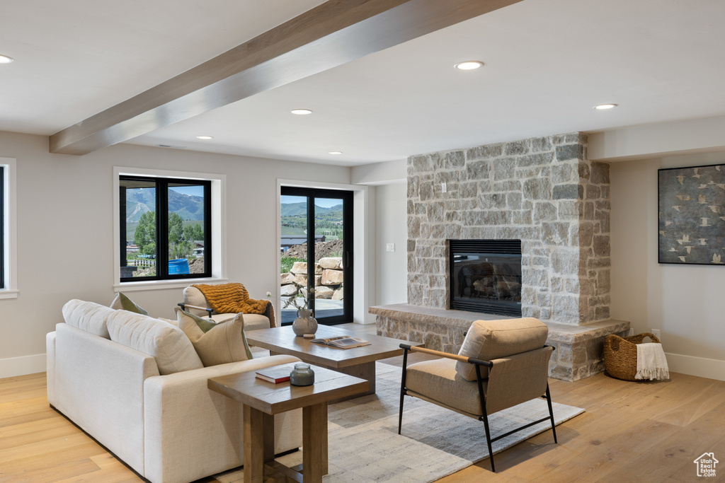 Living area with wood finished floors, a stone fireplace, and recessed lighting