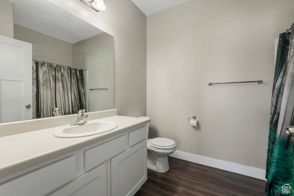 Full bathroom with vanity, wood finished floors, and curtained shower