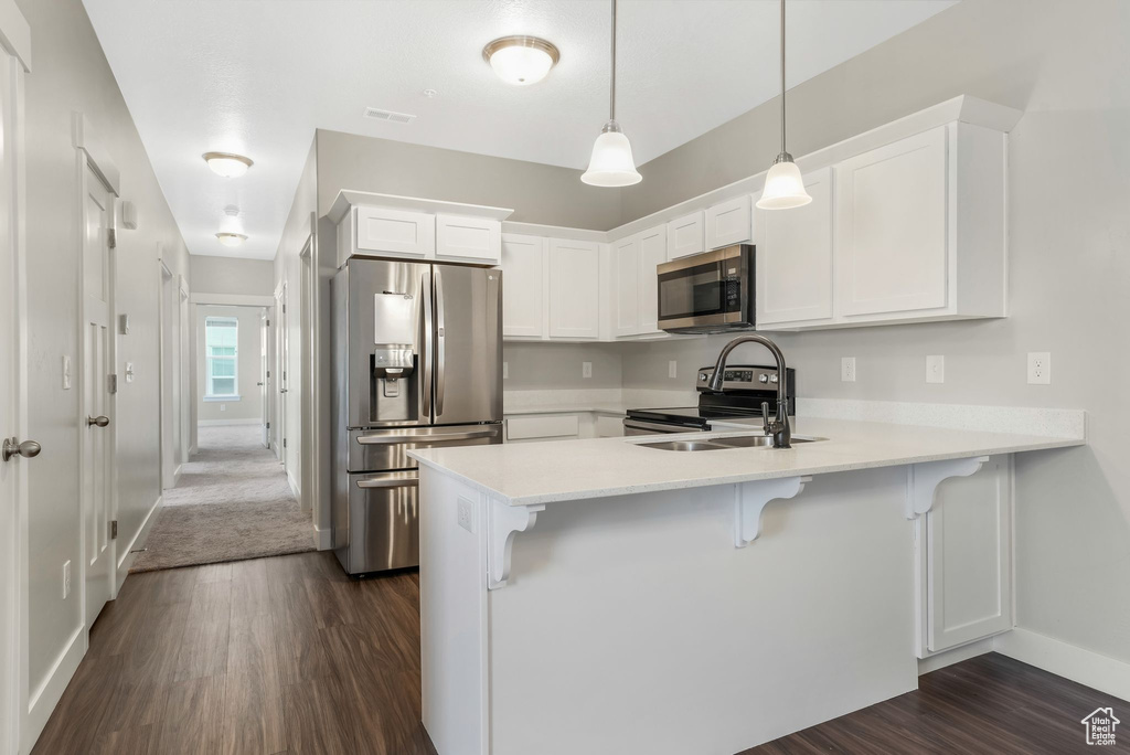 Kitchen featuring stainless steel appliances, a peninsula, dark wood-style floors, and white cabinetry