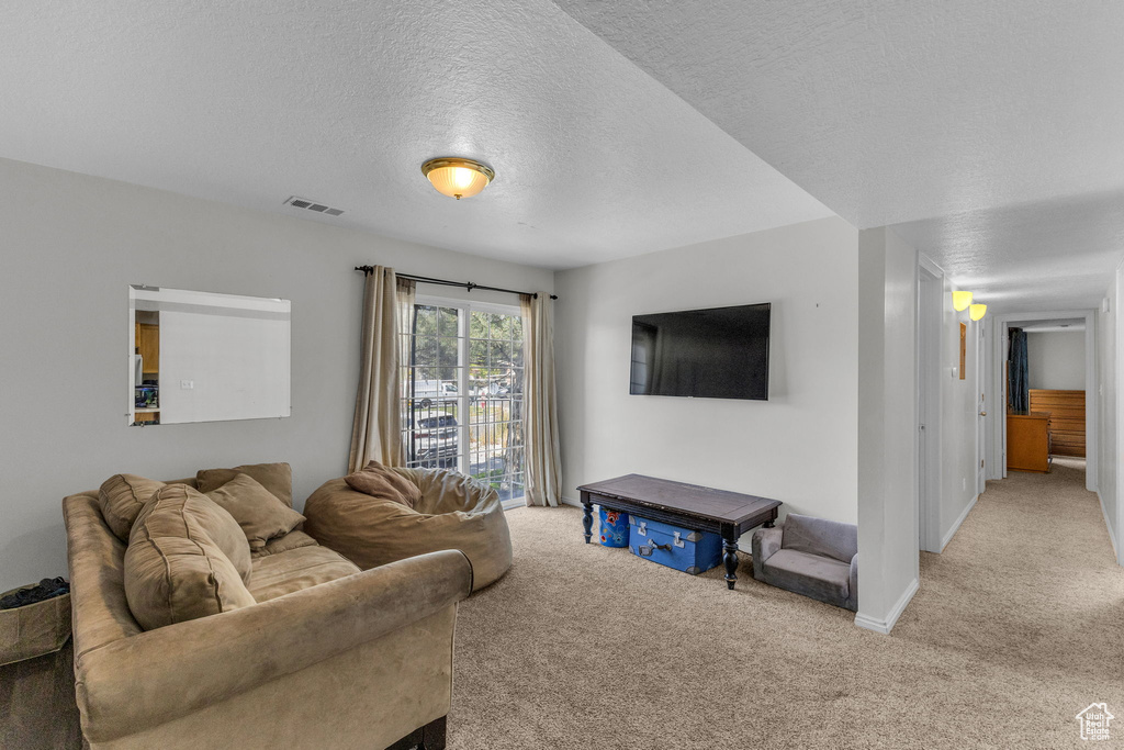 Living room with light colored carpet and a textured ceiling