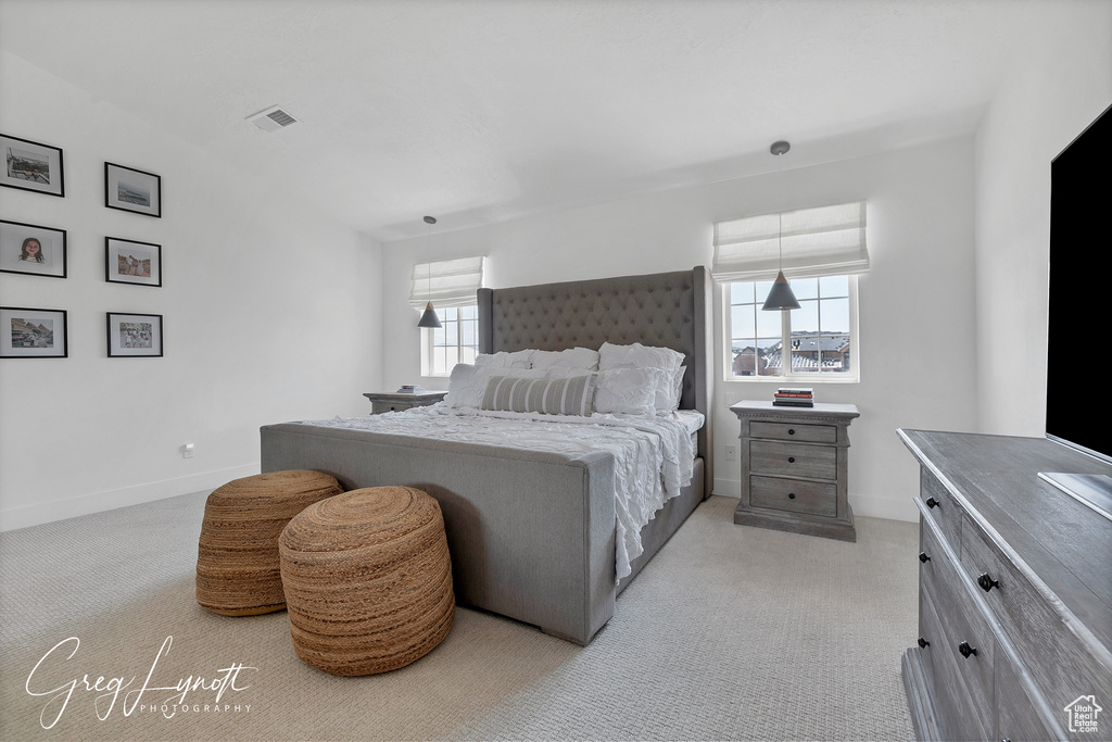 Bedroom with light carpet and baseboards