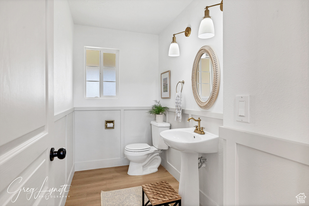 Bathroom featuring wood finished floors, wainscoting, and a decorative wall