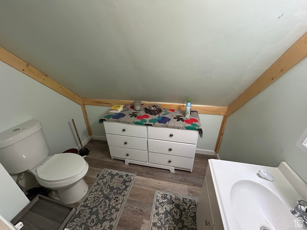 Bathroom with wood finished floors and vaulted ceiling
