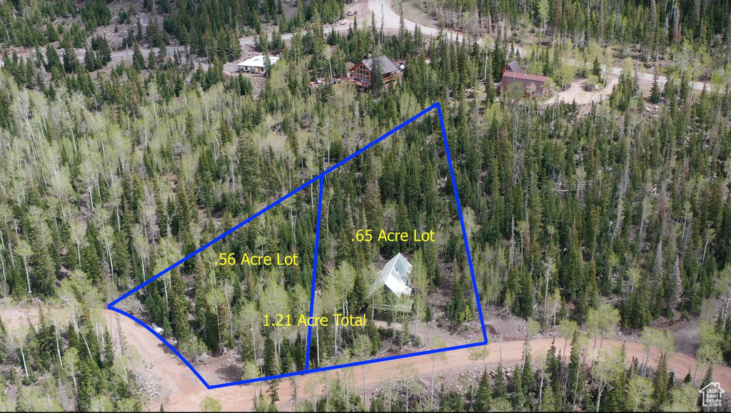 Aerial view of a heavily wooded area