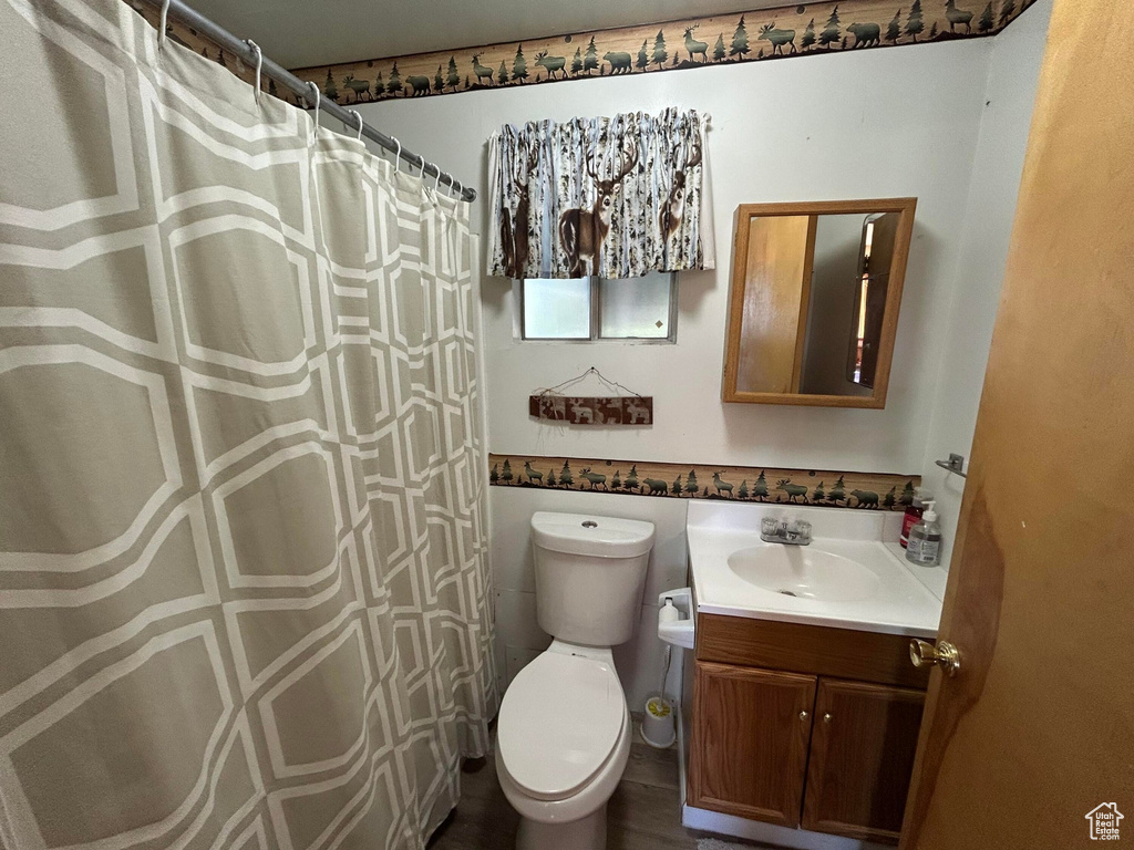 Bathroom with vanity and curtained shower