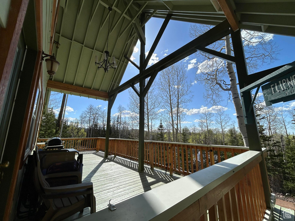 Wooden terrace with view of scattered trees