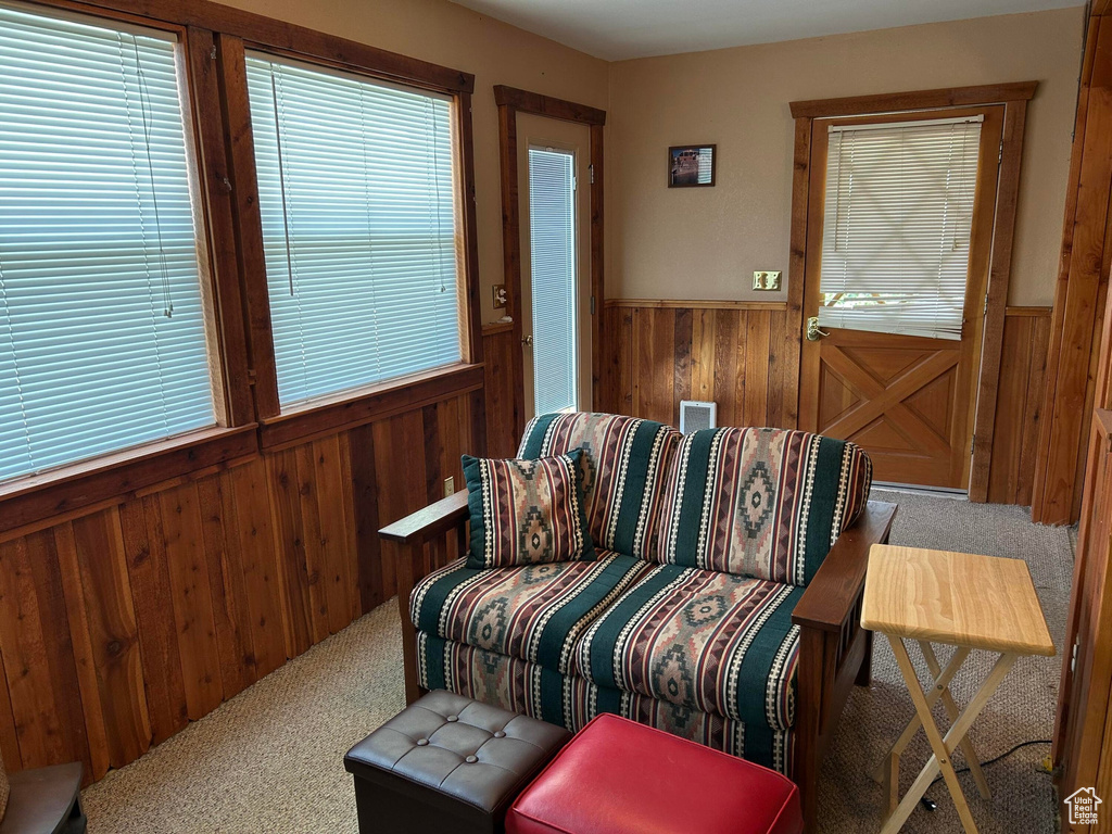 Living area featuring carpet, wooden walls, and wainscoting