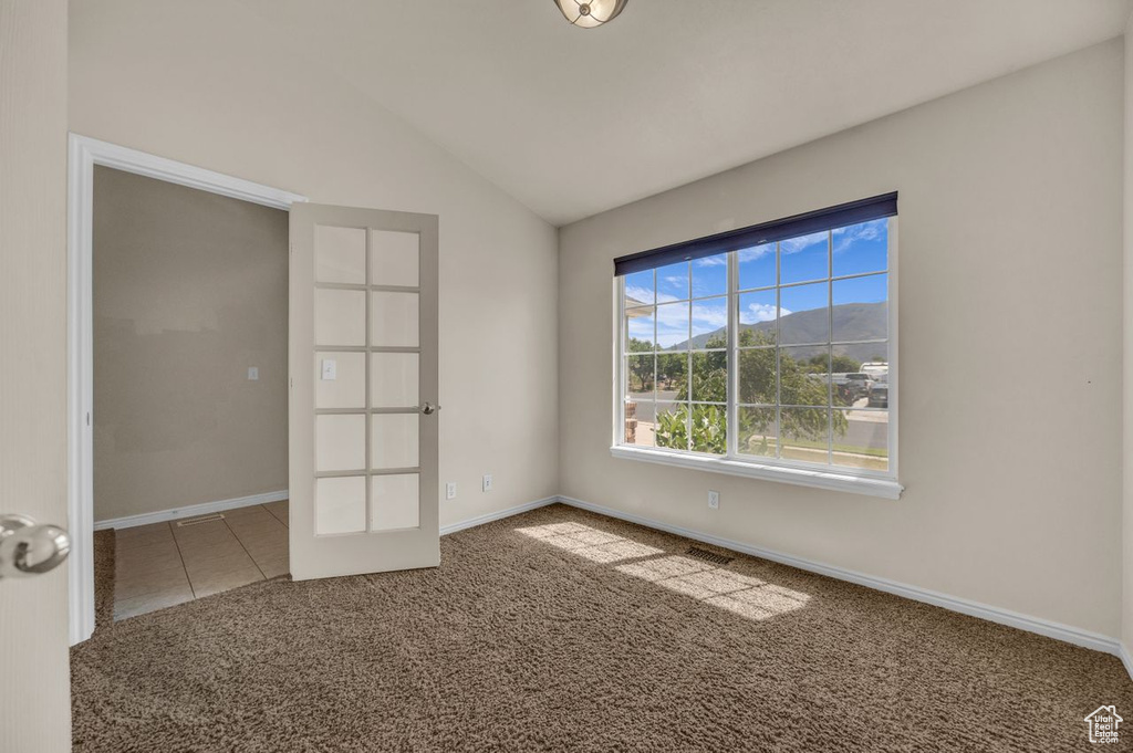 Spare room featuring carpet floors and lofted ceiling