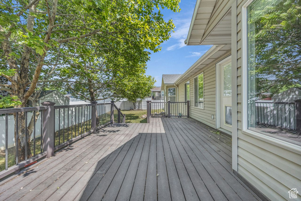 Wooden deck with a fenced backyard