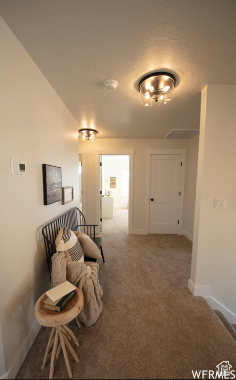 Hallway featuring a textured ceiling and carpet flooring