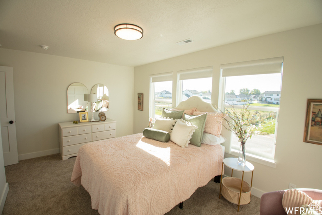 Carpeted bedroom with baseboards