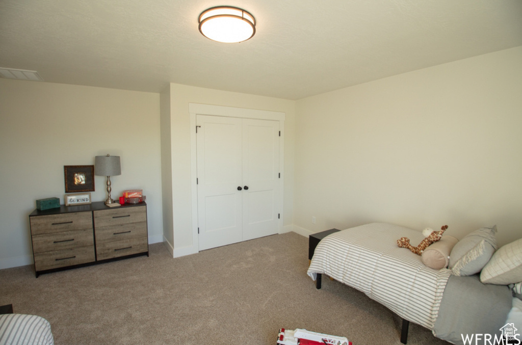 Carpeted bedroom with a closet and baseboards