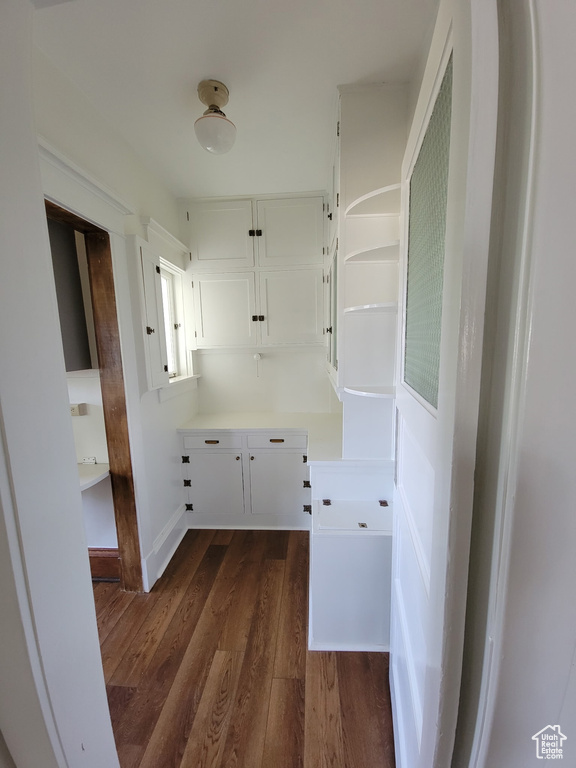 Hallway with dark wood finished floors