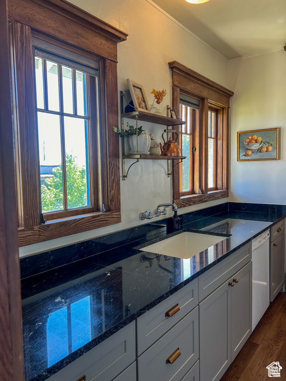 Kitchen with dishwasher, healthy amount of natural light, dark wood-type flooring, dark stone countertops, and crown molding