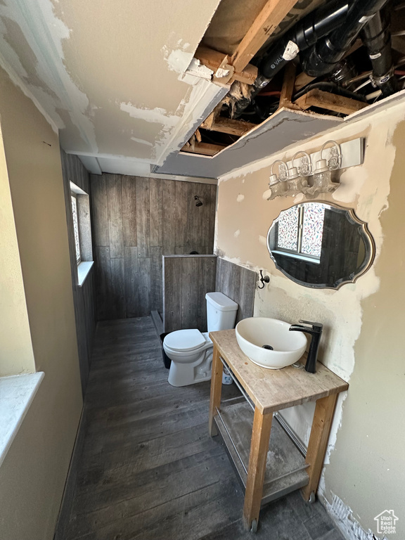 Full bathroom with hardwood / wood-style floors, vanity, a shower, and wooden walls