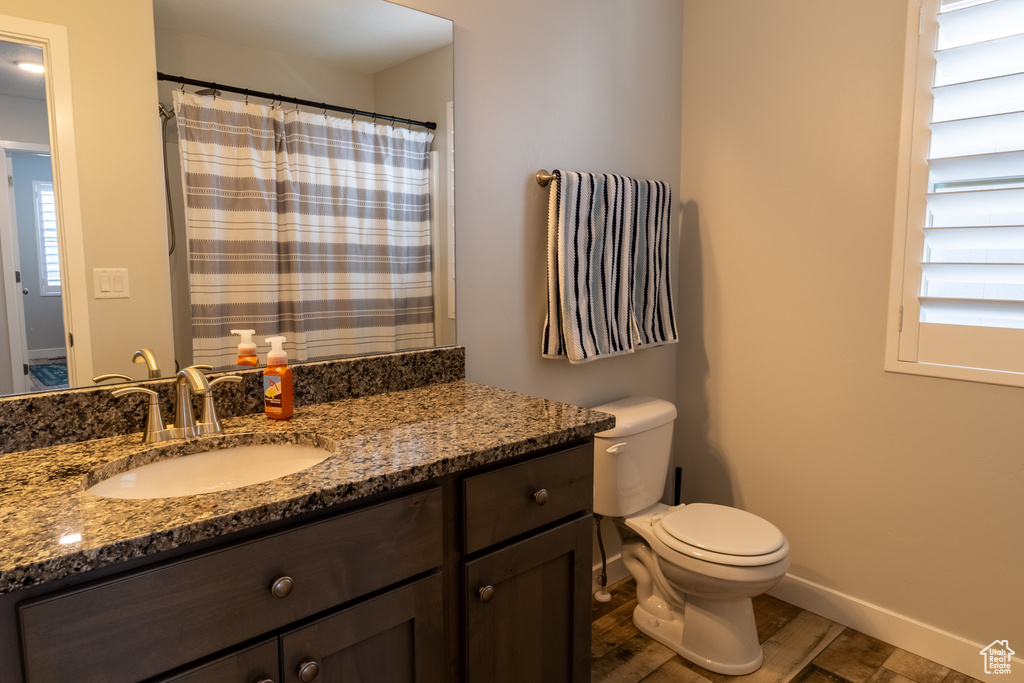 Bathroom with wood finished floors, vanity, and plenty of natural light