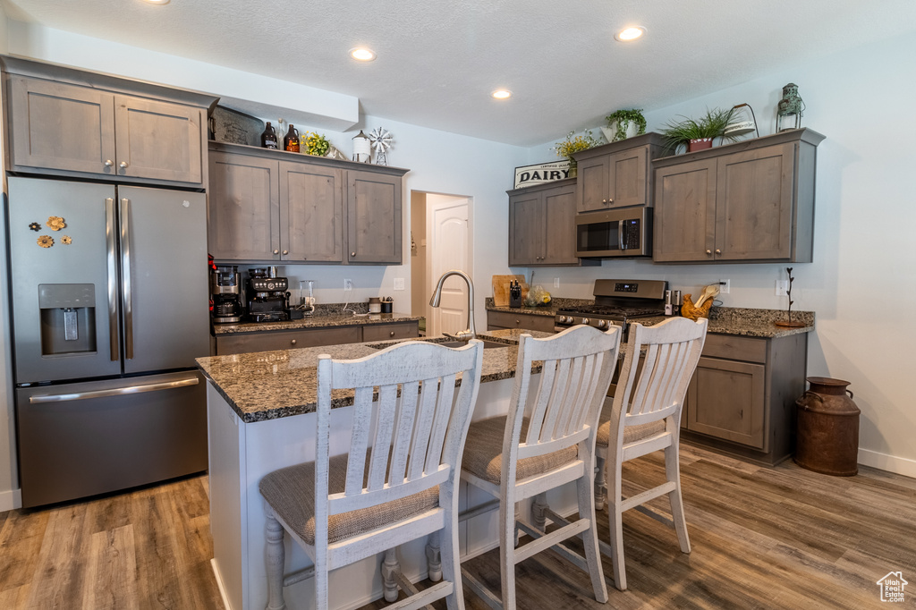 Kitchen featuring stainless steel appliances, wood finished floors, dark stone countertops, a breakfast bar, and a center island with sink