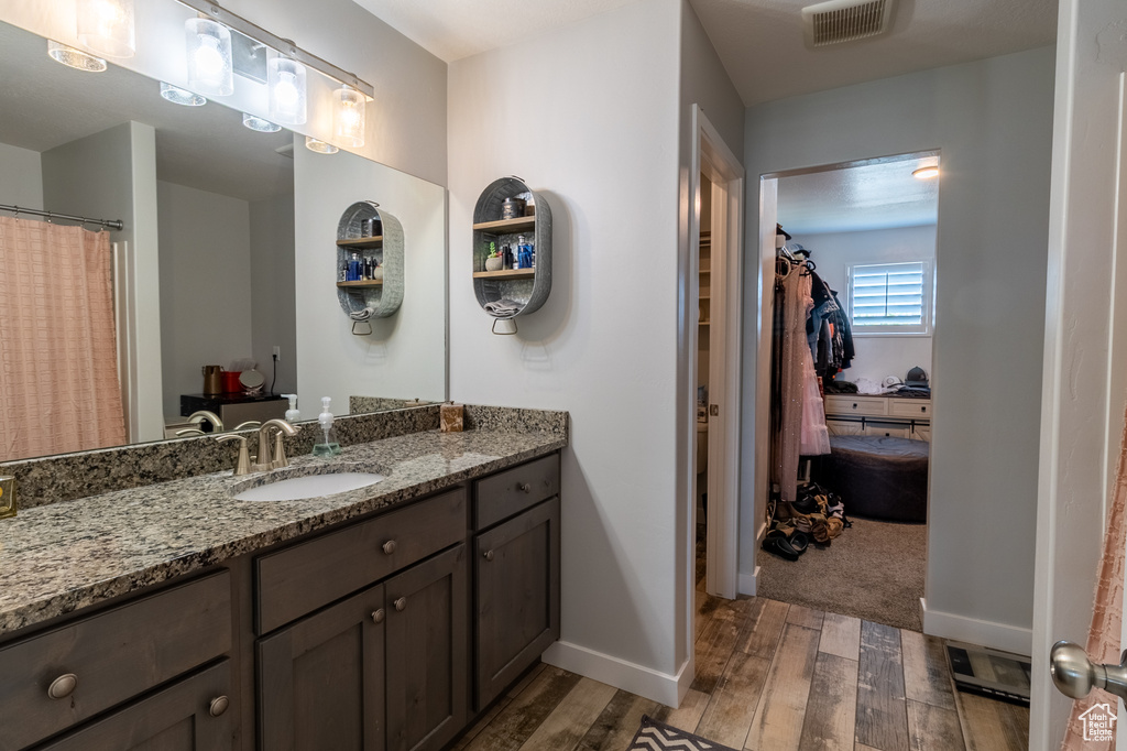 Bathroom featuring wood finished floors, vanity, and a spacious closet