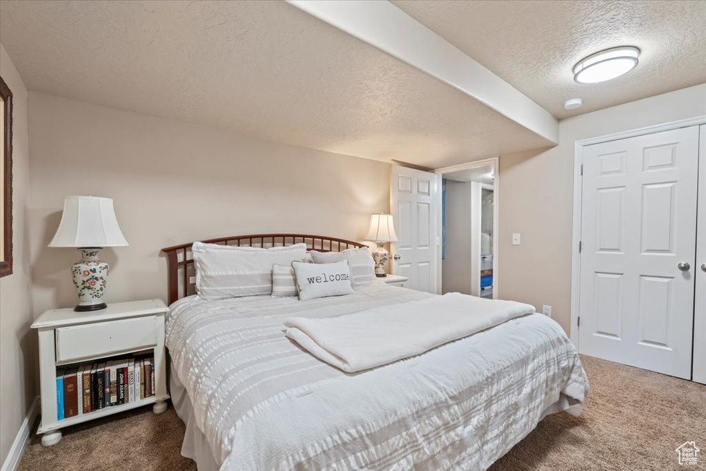 Carpeted bedroom with a textured ceiling and a closet