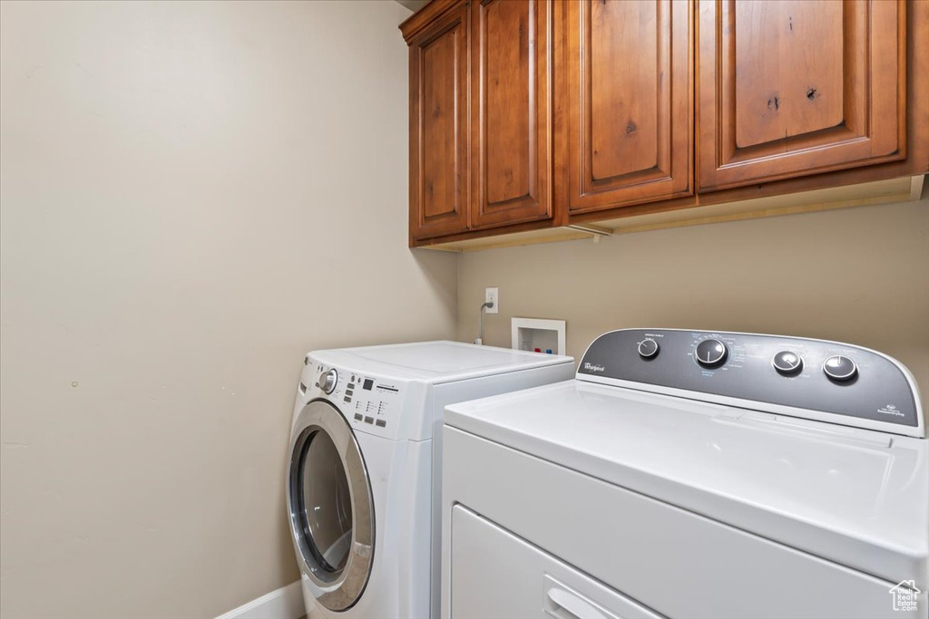 Laundry room with cabinet space and washing machine and dryer