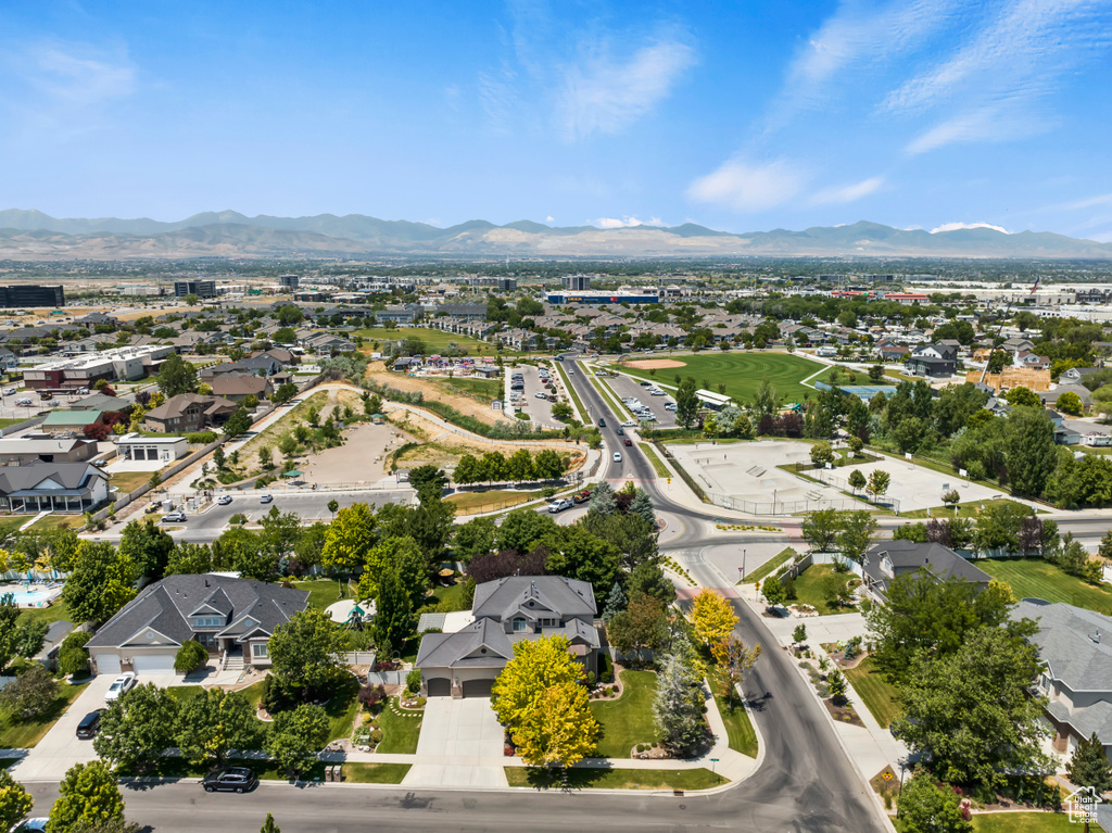 Aerial perspective of suburban area with mountains