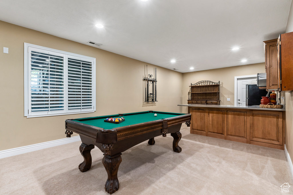 Game room with light carpet, recessed lighting, and billiards
